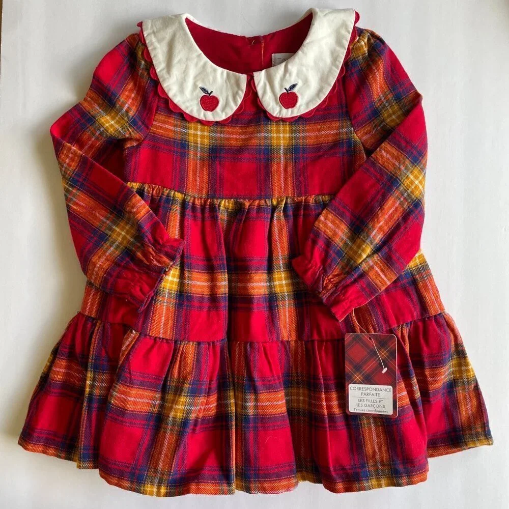 NEW Tahari Baby Girl Fall Apple Plaid Peter Pan Collar Dress - Size 12 Months